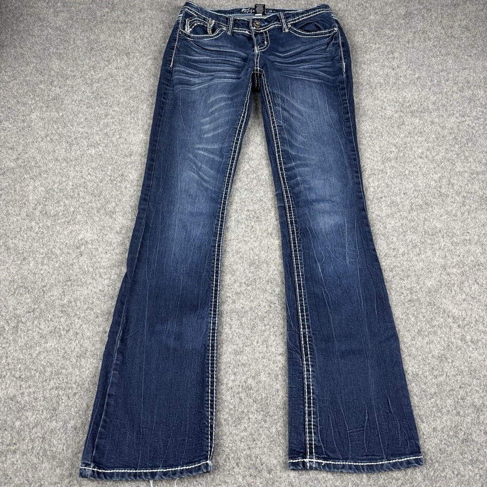 Ariya Jeans Womens 5/6 Bootcut Flare Embellished Stitch Denim Blue Low Rise